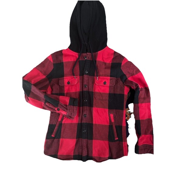 Express Men's Medium Red And Black Flannel‎ Hoodie With Pockets - Picture 1 of 4